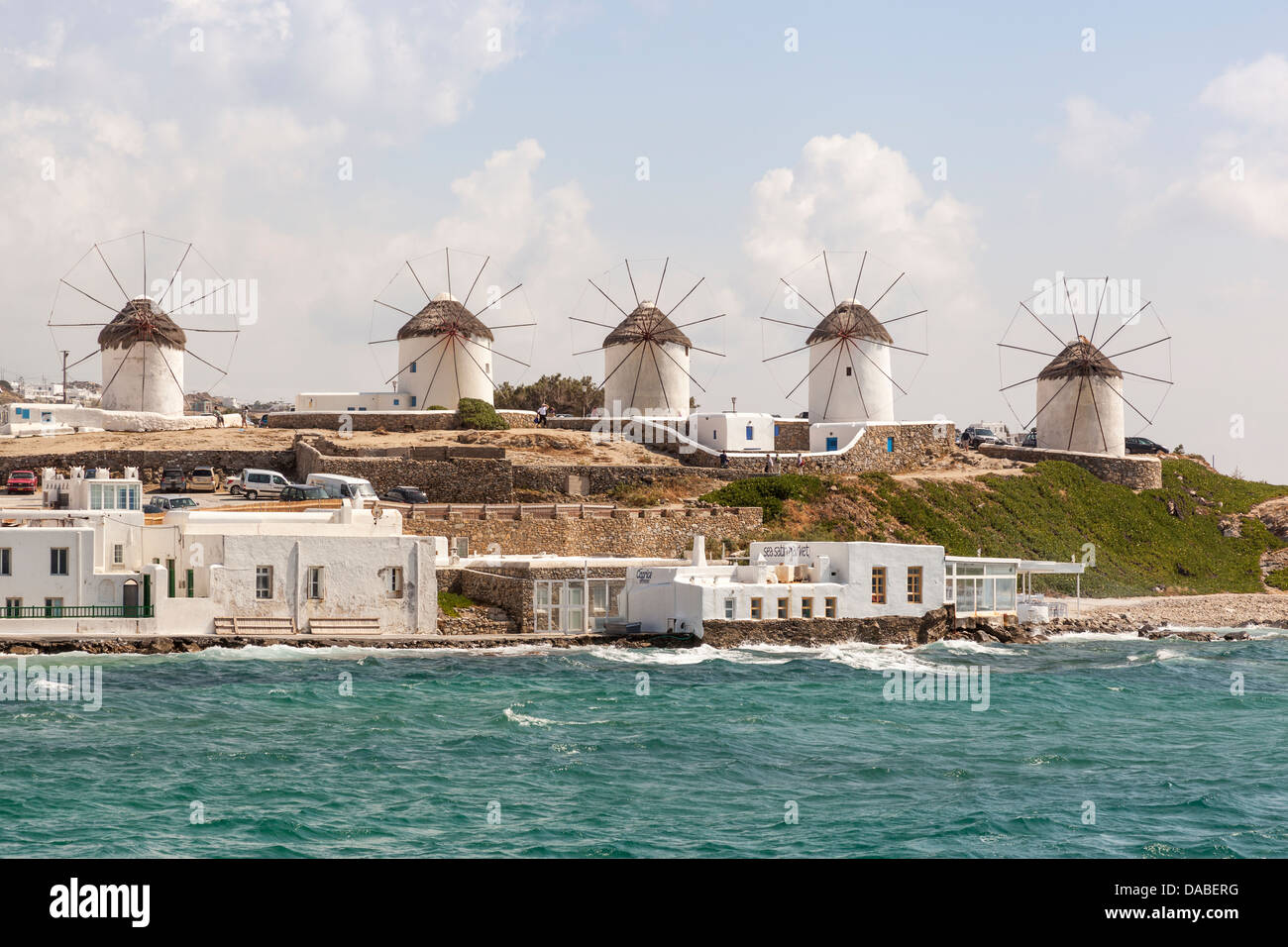 Die fünf berühmten Windmühlen, Chora, Mykonos Stadt, Mykonos, Griechenland Stockfoto