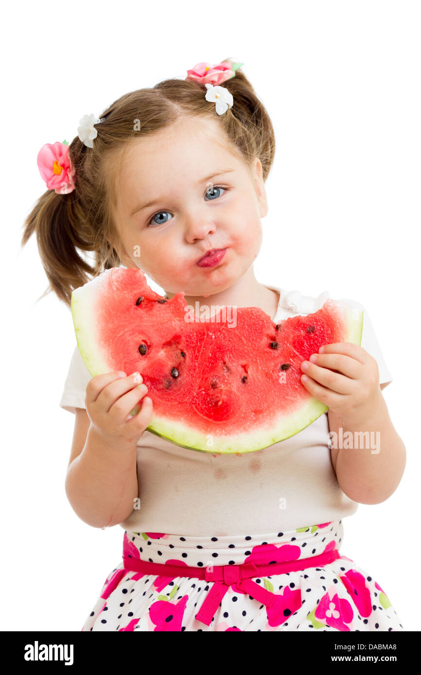 Kind Mädchen essen Wassermelone isoliert auf weißem Hintergrund Stockfoto