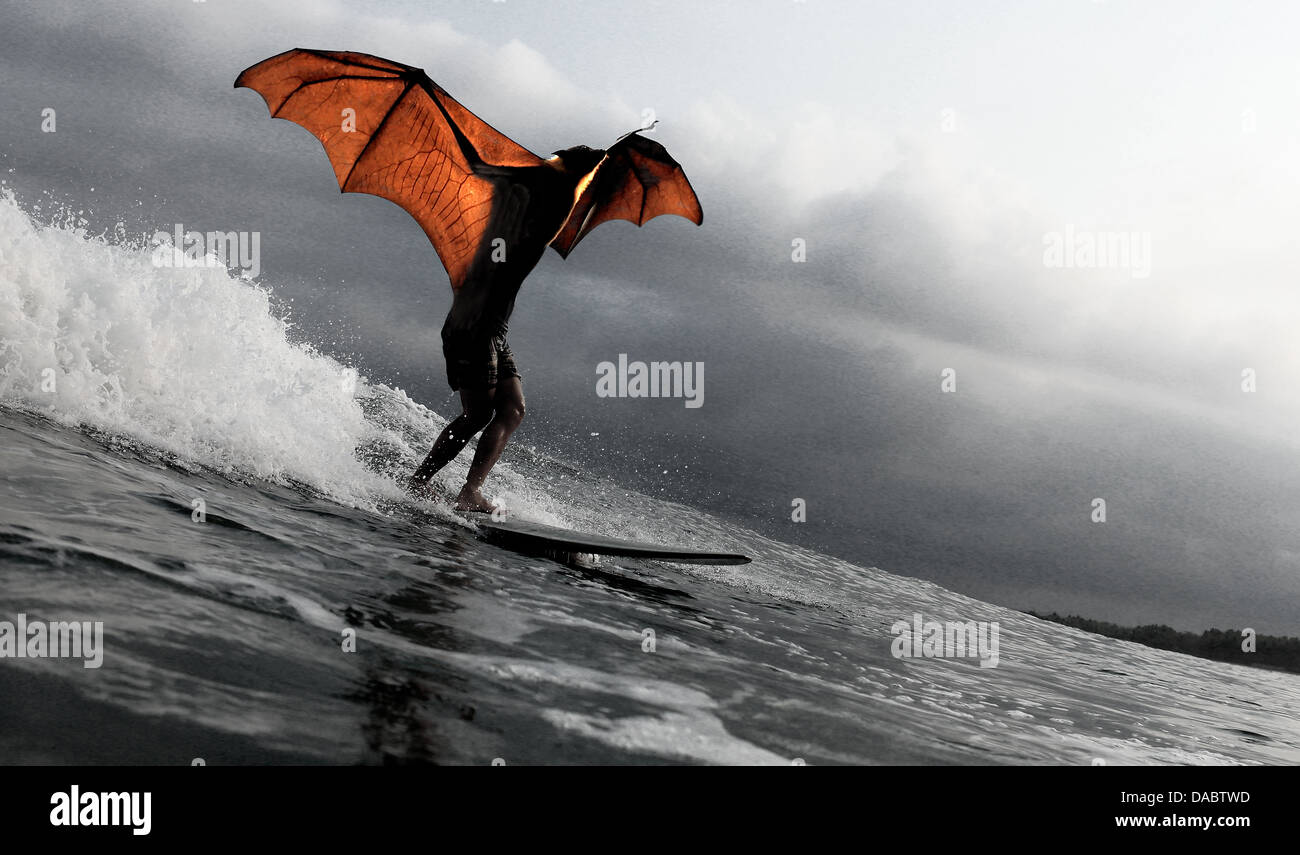Fantasie zusammengesetztes Bild von halb Mensch halb Fledermaus eine Welle surfen Stockfoto