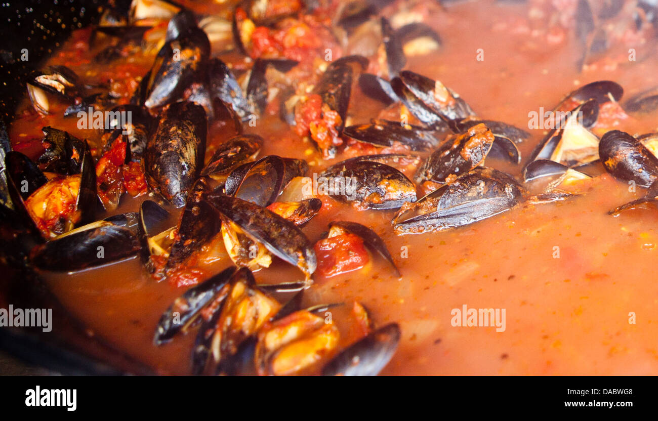 frische Muscheln auf dem Dorset Sea Food Festival Kochen Stockfoto