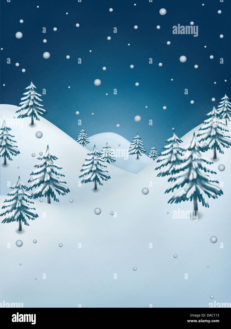 Winter-Abbildung. Schneeflocken fallen über gefrorenen Wald. Stockfoto
