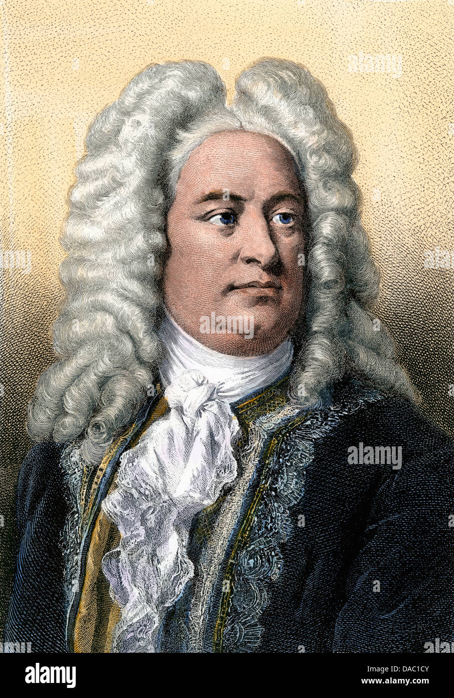 Portrait des Komponisten Georg Friedrich Händel. Hand - farbige Gravur Stockfoto