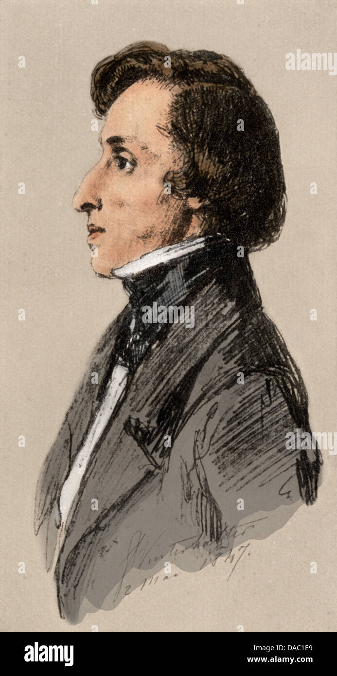 Frederic Chopin im Jahr 1847. Digital farbige Raster eines Winterhalter Zeichnung aus dem Leben Stockfoto