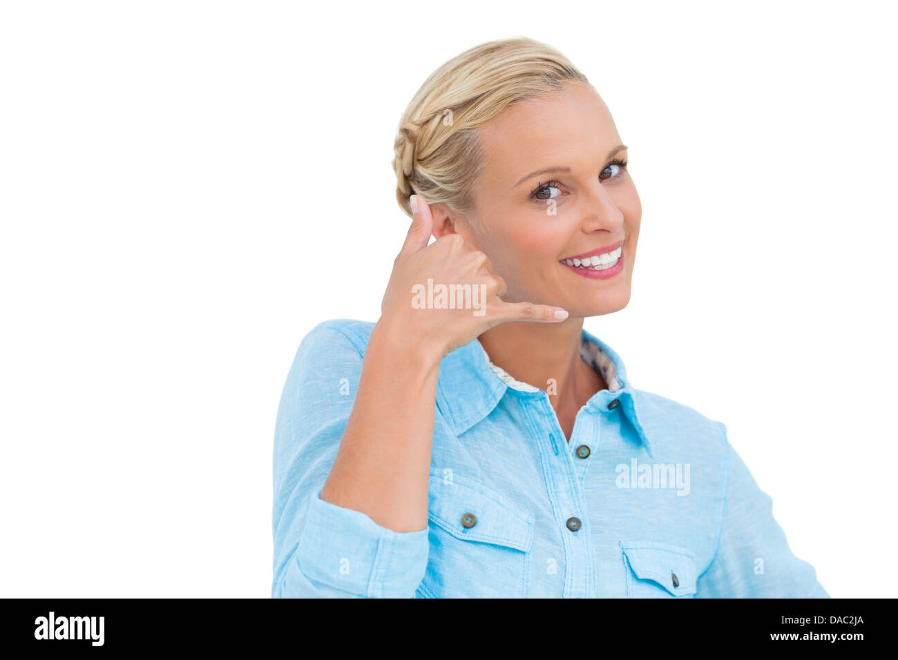 Schöne Blondine tun ein Symbol des Telefons mit der hand Stockfoto