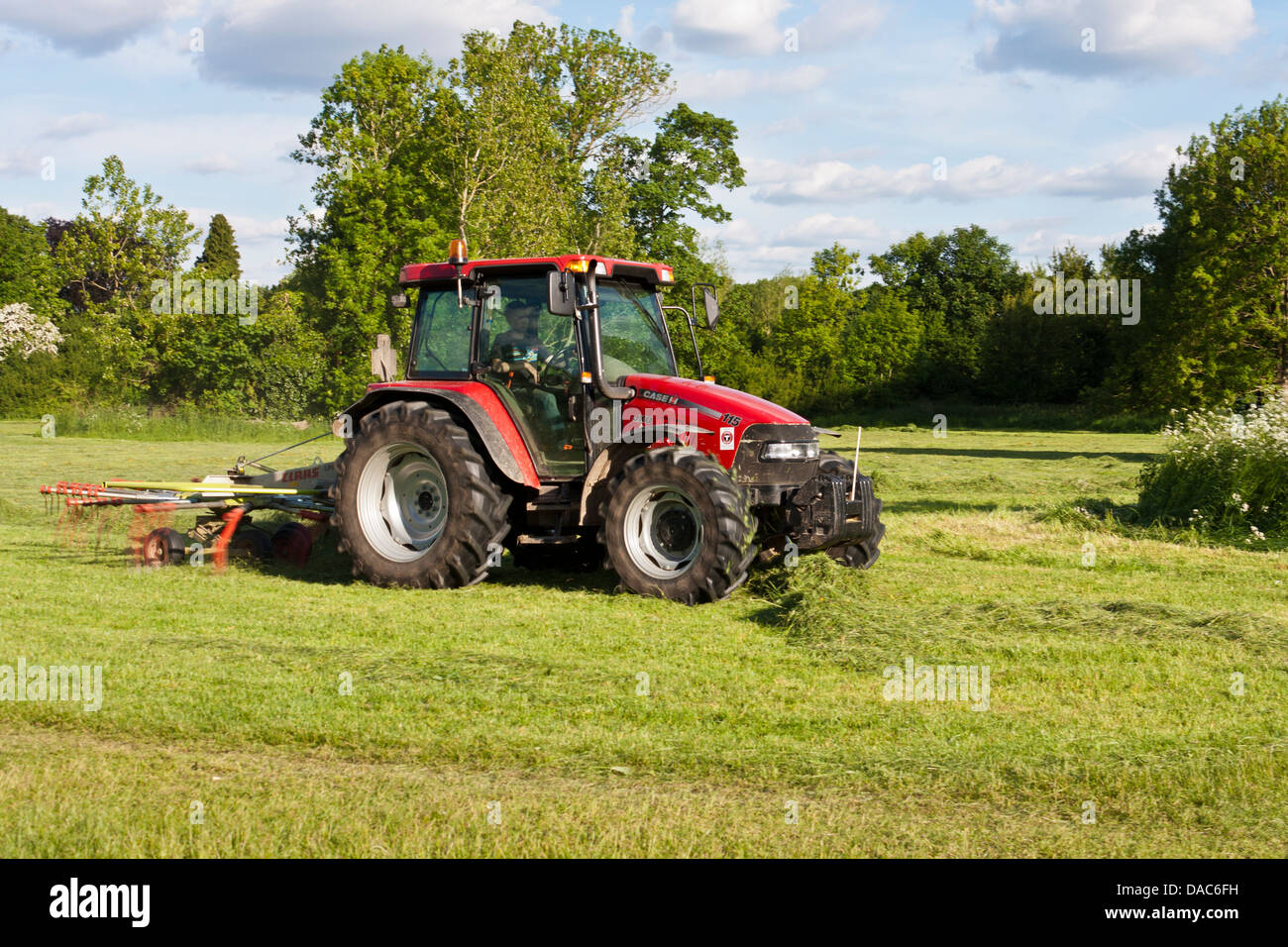 Ein Traktor mit Rasen-Schleifaufsätze Kürzungen Rasen in eine Wiese ausgestattet. Stockfoto