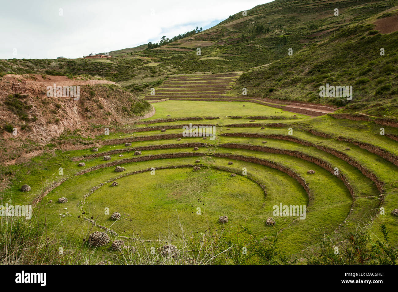 Alten Moray Inka Reihenhaus landwirtschaftliche Labor Steinterrassen Ruinen bleibt in der Nähe von Maras, Heiliges Tal, Peru. Stockfoto