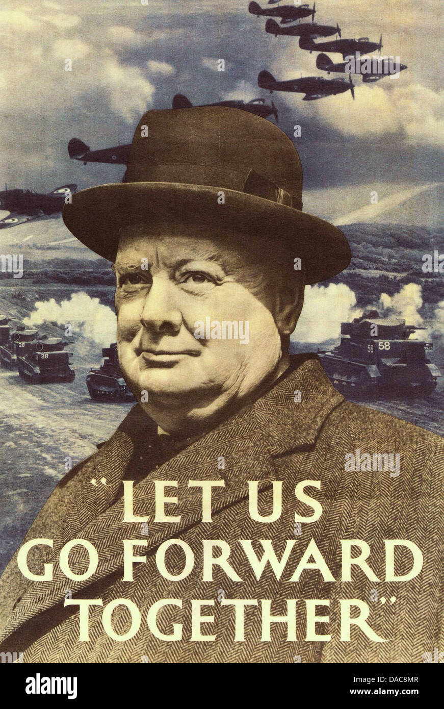 Dieses berühmte Motivationsposter aus dem Jahr 1940 zeigt Winston Churchill, den britischen Premierminister während des Zweiten Weltkriegs, der in schwierigen Zeiten auf Widerstandskraft dringt. Es ist eines der bekanntesten Bilder Großbritanniens während des Krieges. Stockfoto