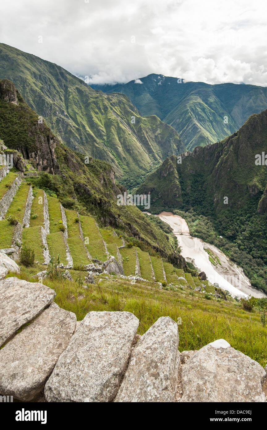 Machu Picchu Unesco Welt Kulturerbe Website alte steinerne Überreste Inkaruinen, Aguas Calientes, Peru. Stockfoto