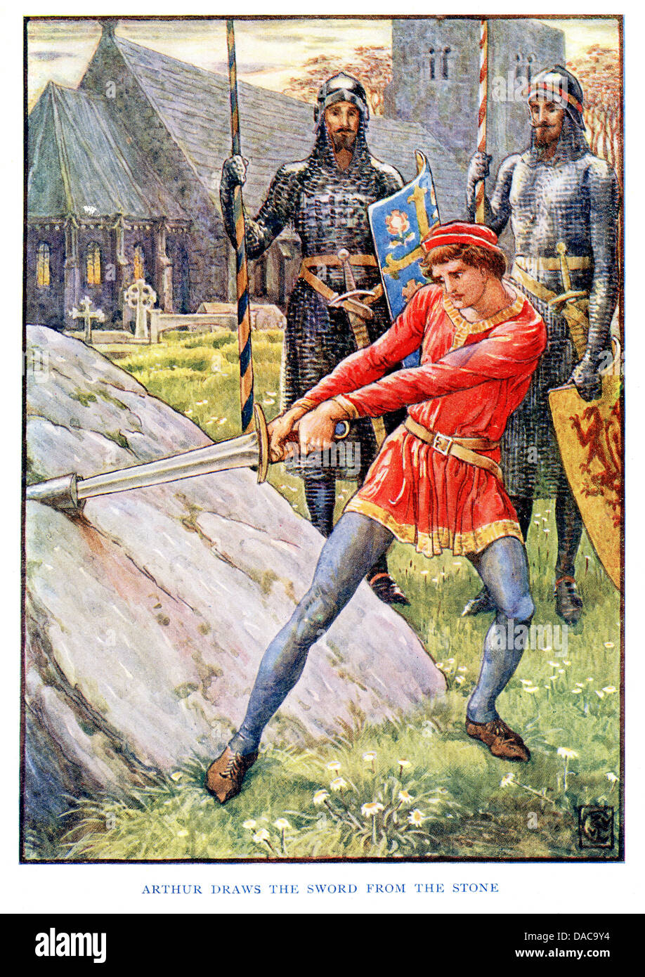 Arthur zieht das Schwert aus dem Stein, König Arthurs Ritter, Walter Crane Stockfoto