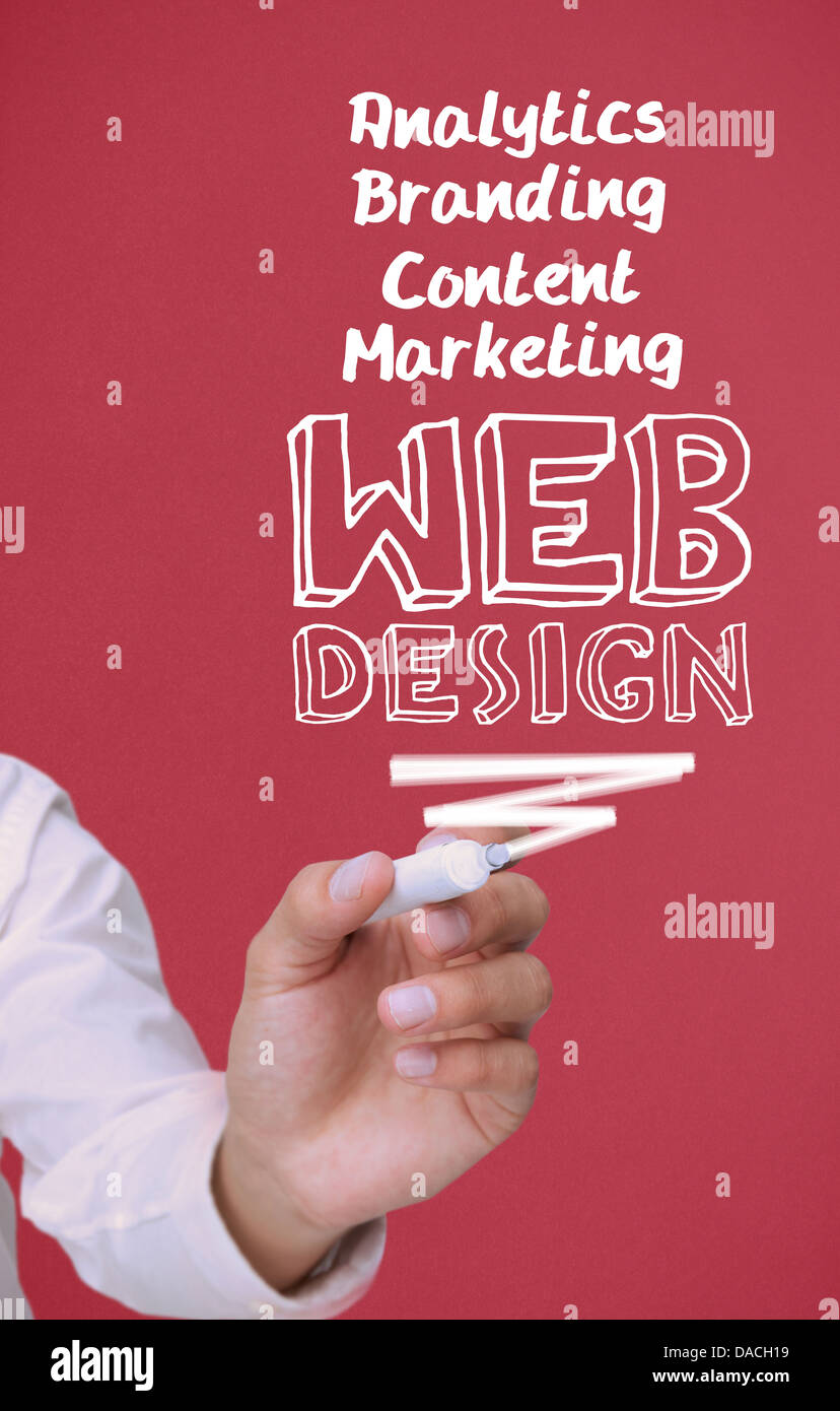 Geschäftsmann hält eine Markierung und Schreiben von Web-design Stockfoto