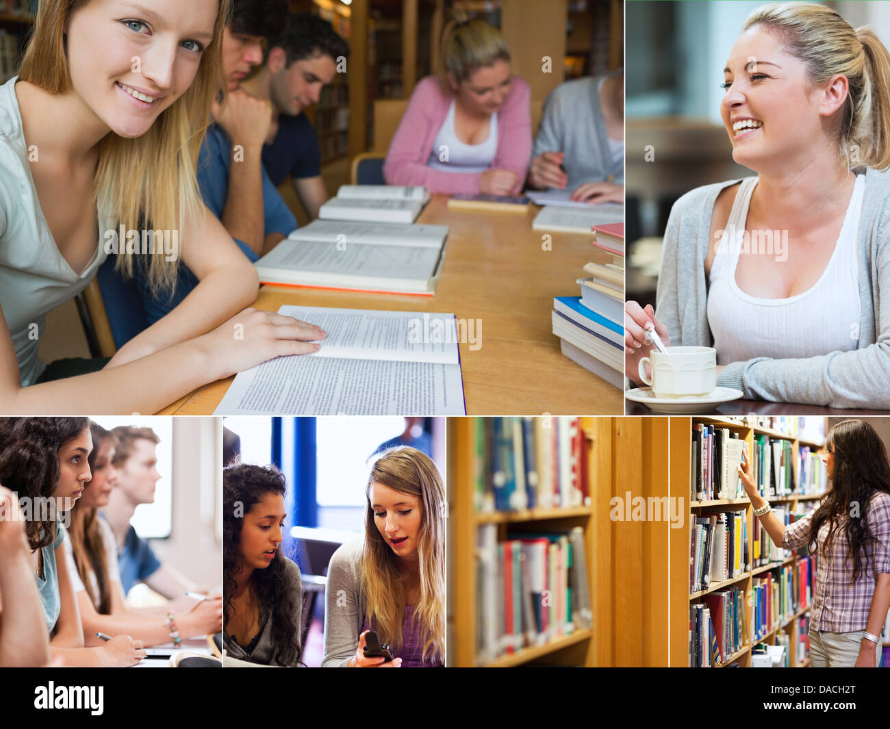 Collage von Studenten in der Bibliothek Stockfoto