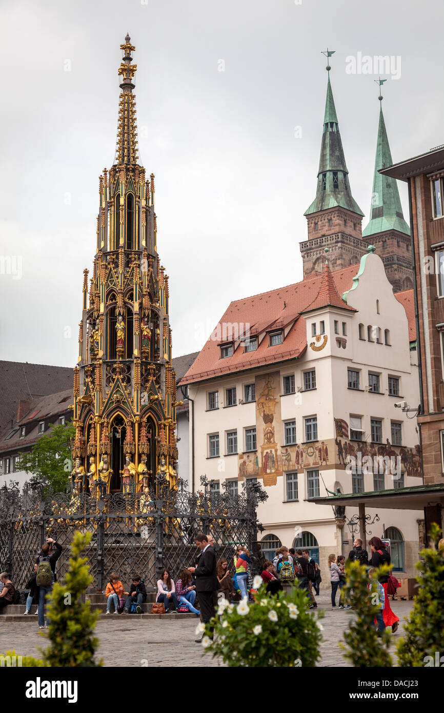 Hauptmarket und schönen Brunnen, Nürnberg, Deutschland, Europa. Stockfoto