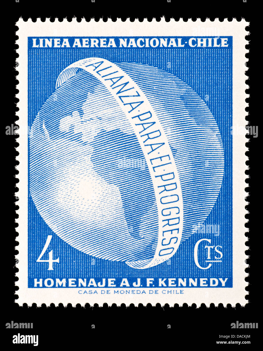 Briefmarke aus Chile, die Darstellung eines Globus mit der westlichen Hemisphäre, ausgestellt für Kennedy und der Allianz für den Fortschritt Stockfoto