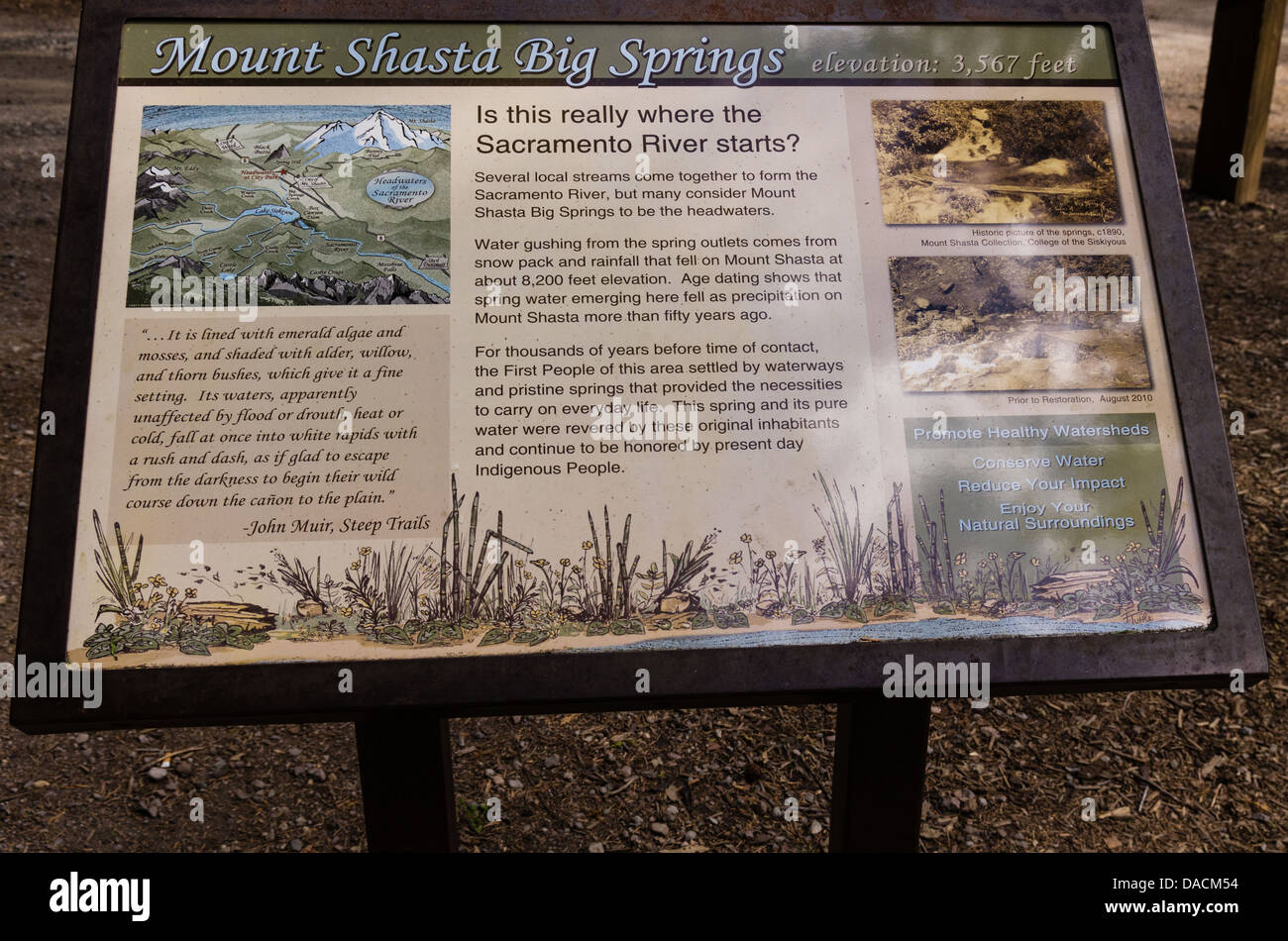 Mount Shasta Kalifornien USA.  Das Quellgebiet des Sacramento River.  Der Fluss beginnt in Mount Shasta und mündet in den Pazifischen Ozean Stockfoto