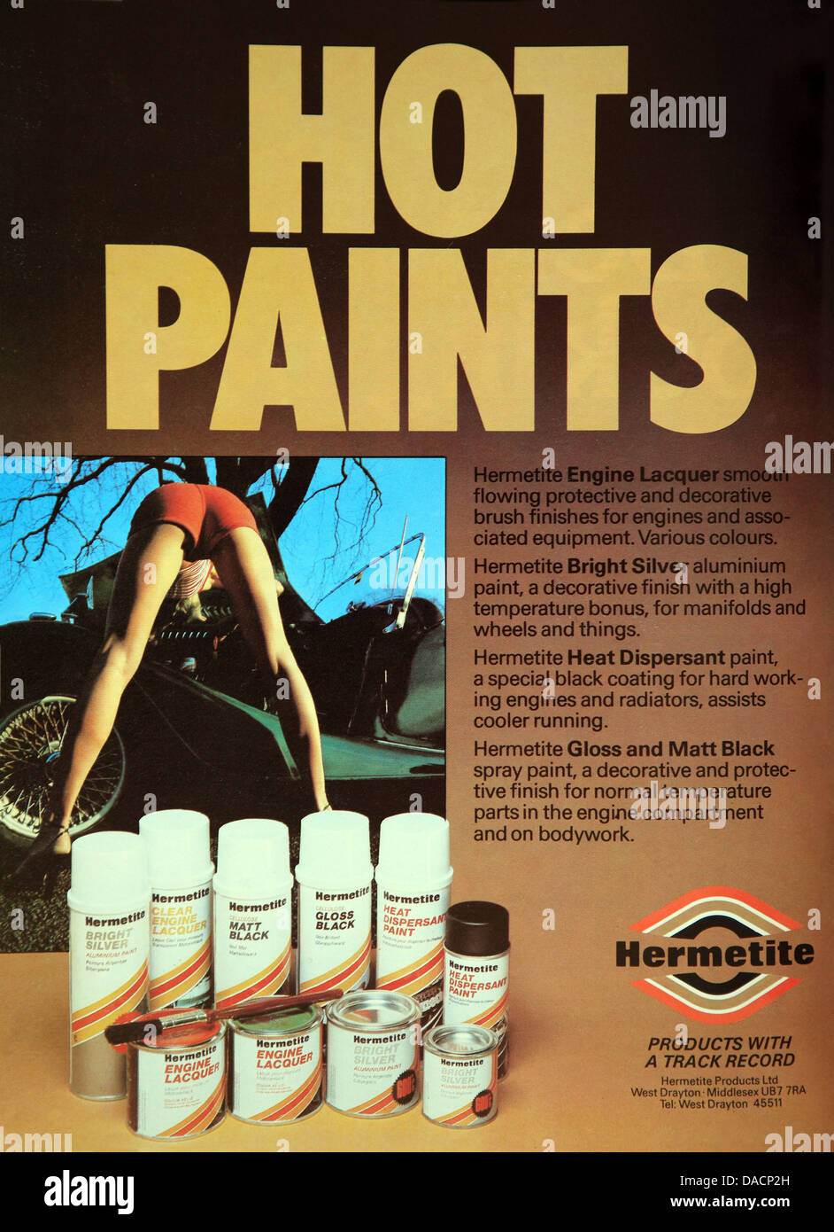 70er Jahre Magazin Werbung für Hermetite Farben auf das Thema "Hot Pants" zu spielen und würde als sexistisch heute Stockfoto