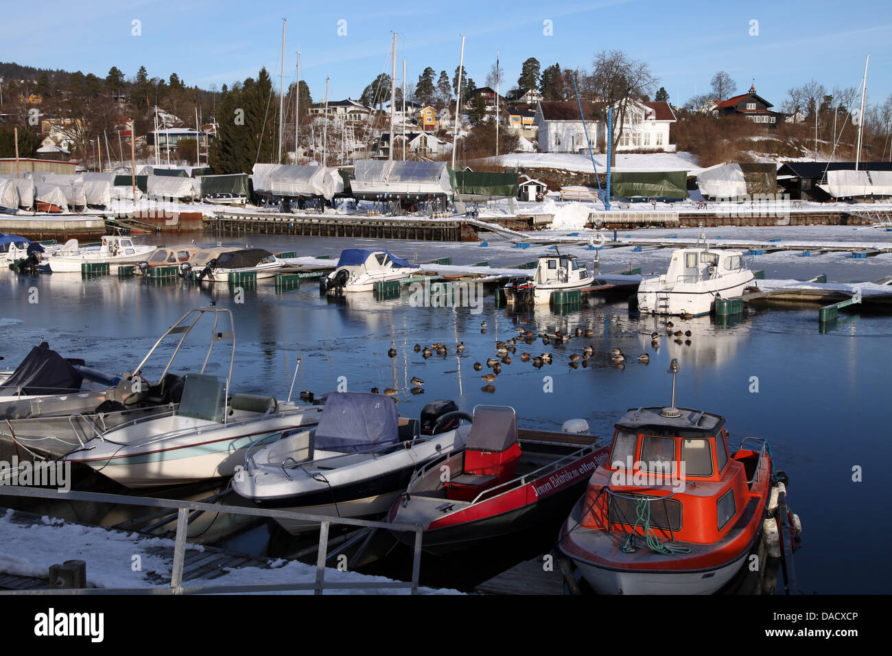 Marina im Winter, Asker, Oslofjord, Norwegen, Skandinavien, Europa Stockfoto