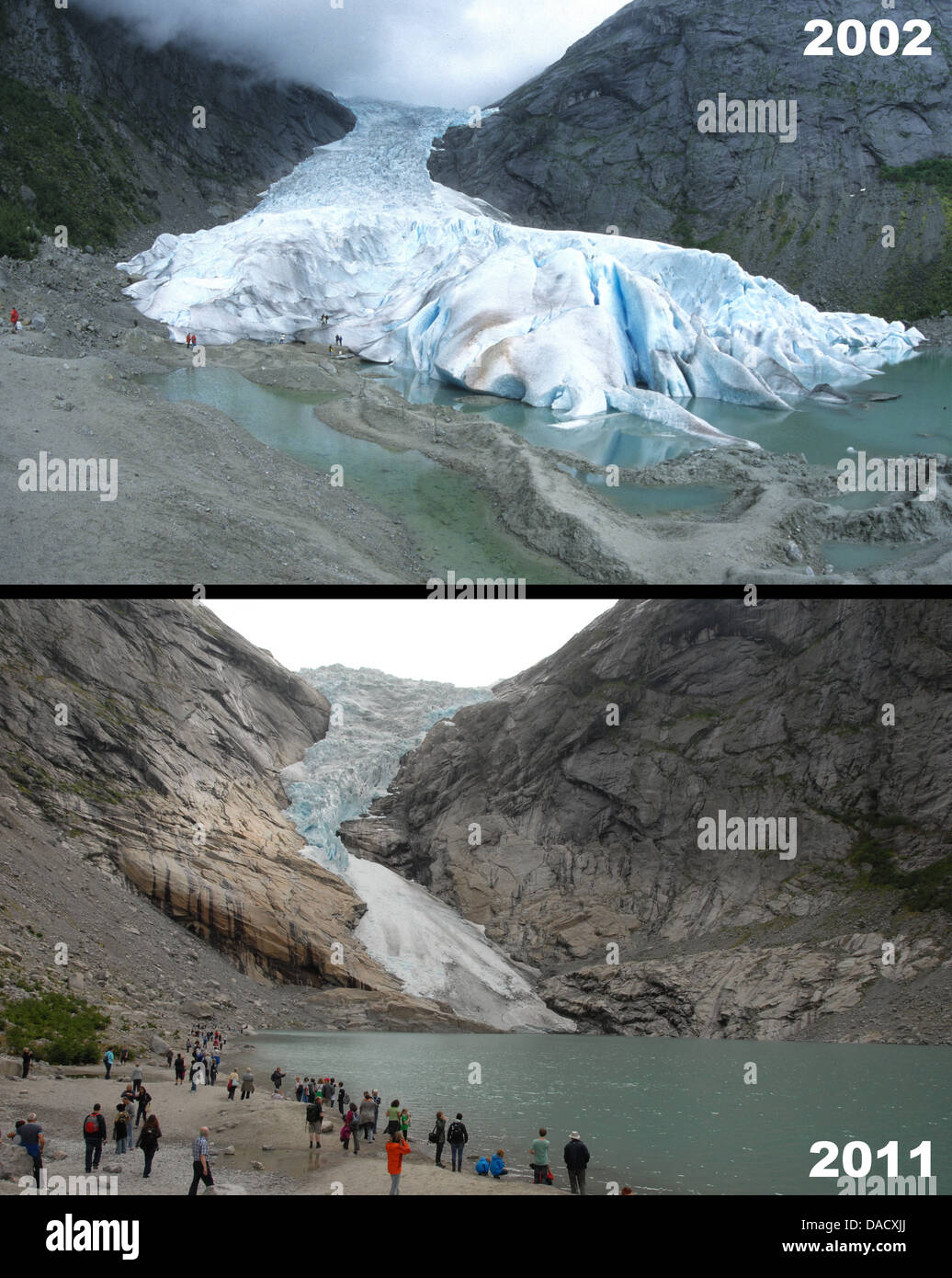 Rückzug der Briksdal Gletscher (Briksdalbreen), westliche Josterdalsbreen, Olden, Norwegen, Skandinavien, Europa Stockfoto
