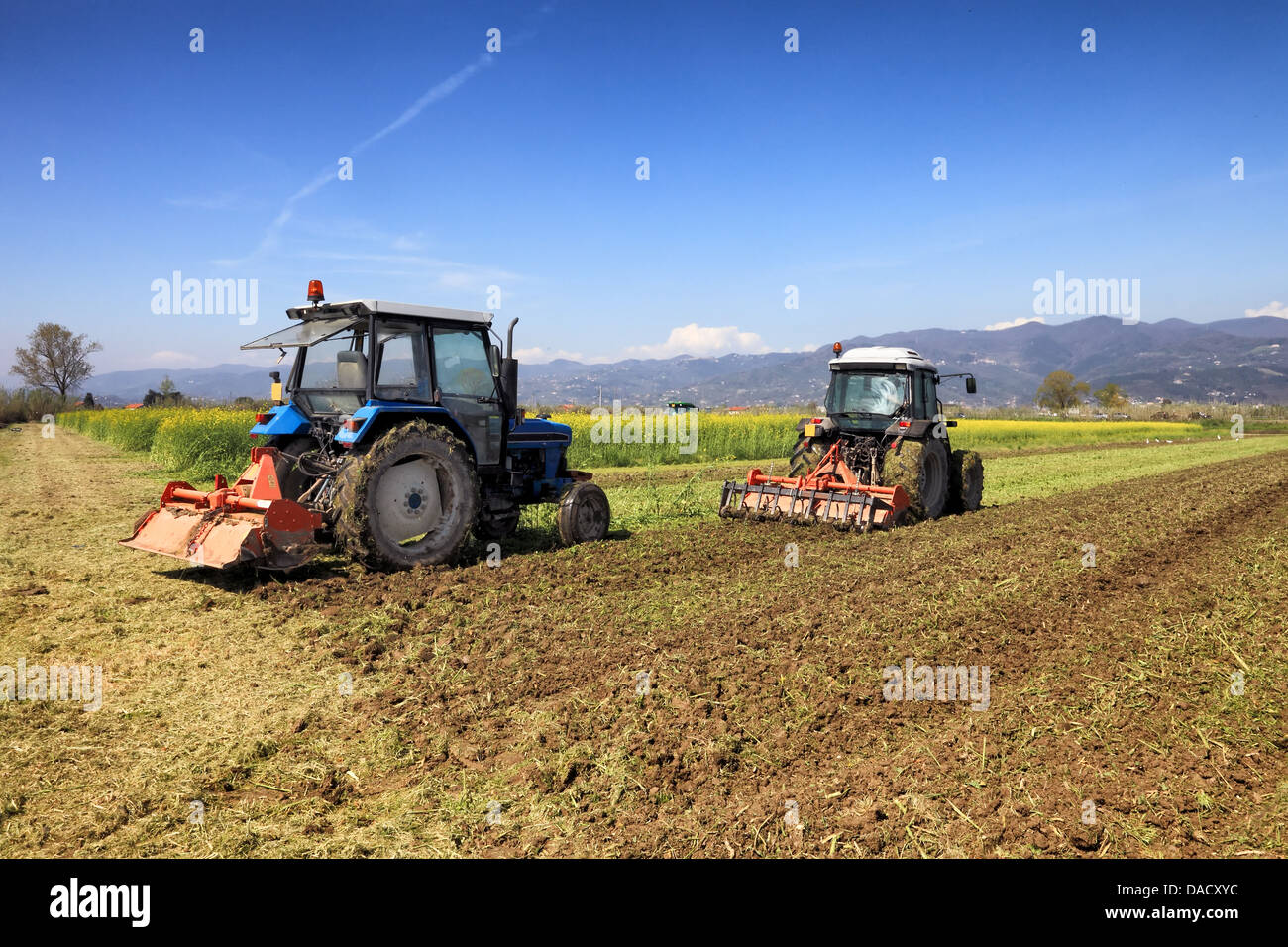 Landwirtschaft-Konzept, Traktoren, ein Feld zu pflügen Stockfoto