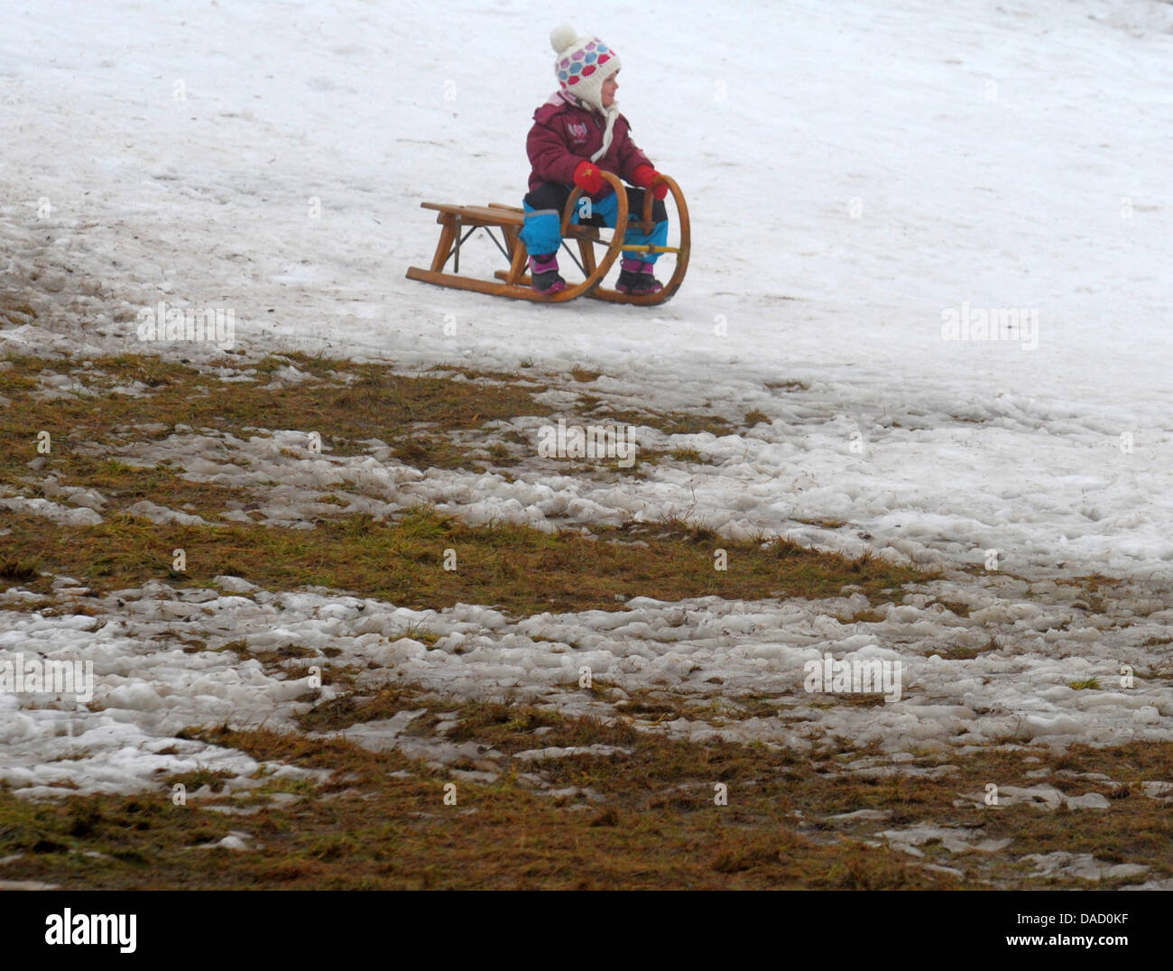 Ein Kind Schlitten hinunter eine Skipiste, der kaum fällt Schnee in Altenberg, Sachsen, 28. Dezember 2011. Die milden Temperaturen machen den Einsatz von Schneekanonen unmöglich. Foto: Matthias Hiekel Stockfoto