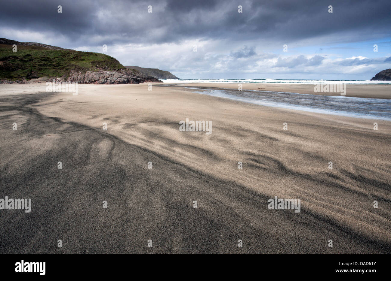 Dalbeg Strand mit komplizierten Mustern in den Sand, in der Nähe von Carloway, Isle of Lewis, äußeren Hebriden, Schottland, Vereinigtes Königreich, Europa Stockfoto