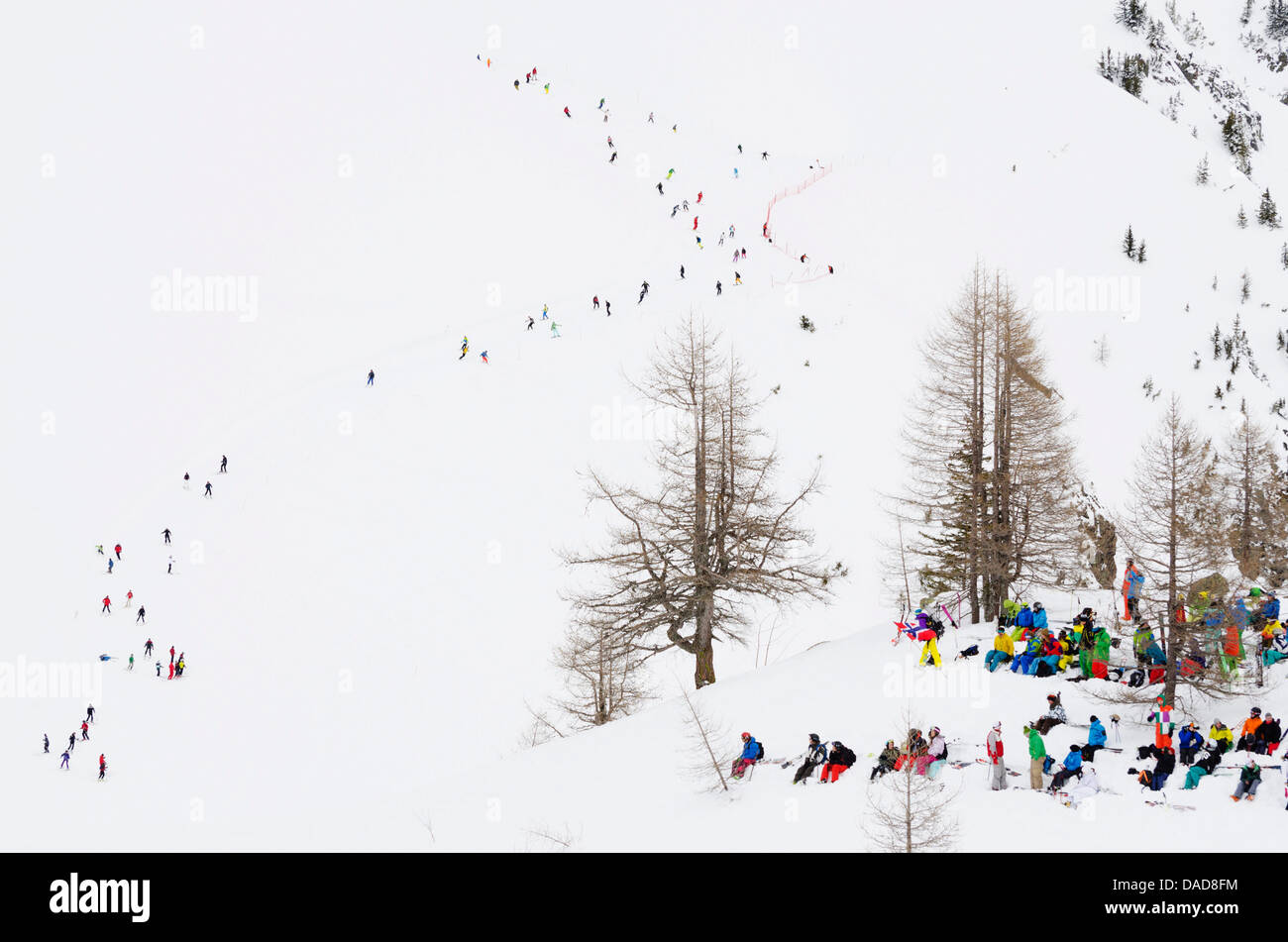Überfüllten Pisten, Brevant Skigebiet, Chamonix, Haute-Savoie, Französische Alpen, Frankreich Stockfoto