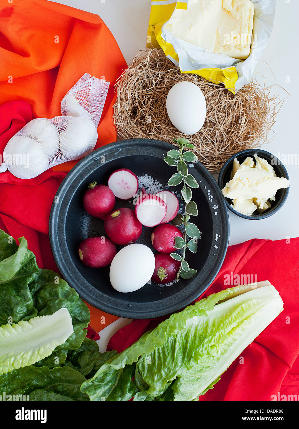 Verlässt Essen Stilleben mit Radieschen, Ei und Salat Stockfoto