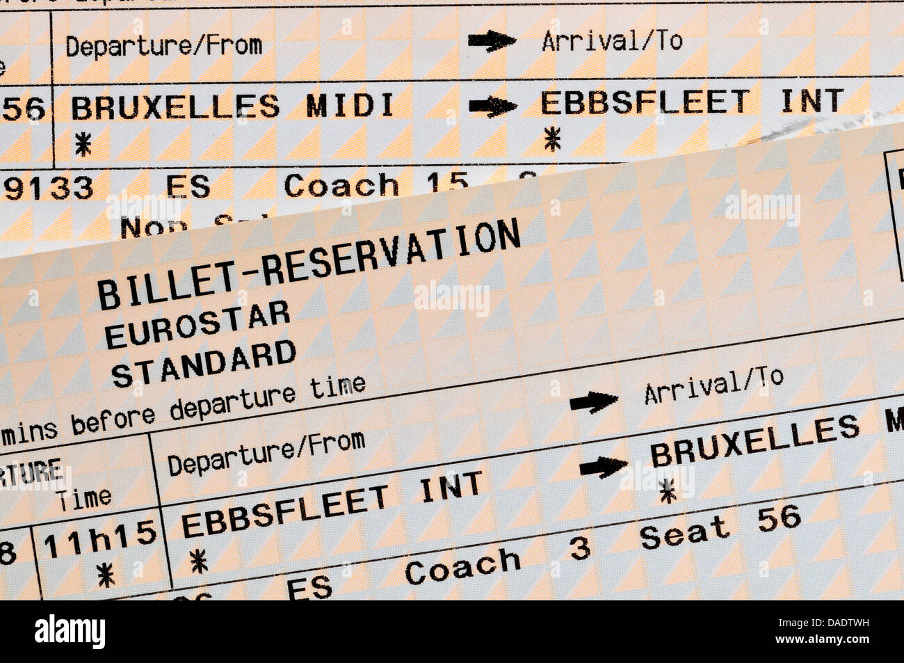 Eurostar Zug Tickets - Ebbsfleet - Brüssel zurück Stockfoto