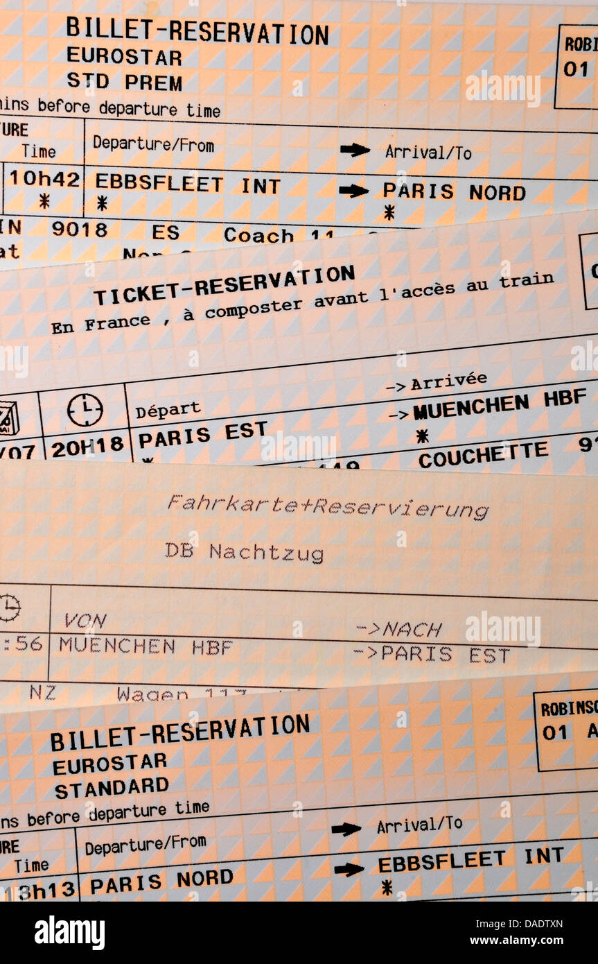 Europäische Bahn-Tickets und Reservierungen. Ebbsfleet - Paris - München - Paris - Ebbsfleet hin-und Rückfahrt Stockfoto