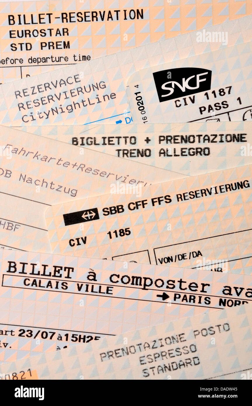 Europäische Bahn-Tickets und Reservierungen Stockfoto