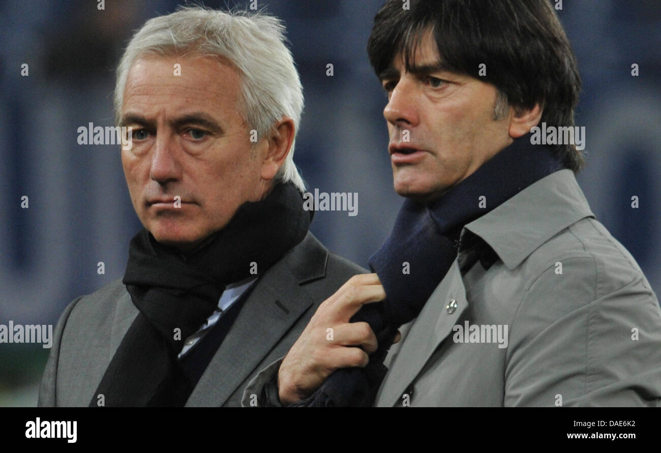 Deutschlands Trainer Joachim Löw (R) und niederländische Trainer Bert van Marwijk zu sprechen, um einander kurz vor der internationalen freundlich Fußball Spiel Deutschland Vs Niederlande Imtech Arena in Hamburg, Deutschland, 15. November 2011. Foto: Jochen Lübke Dpa/Lno +++(c) Dpa - Bildfunk +++ Stockfoto