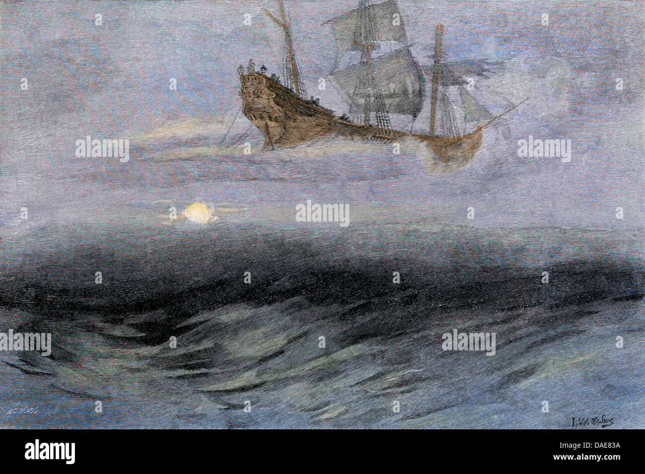 Der legendäre 'Fliegenden Holländer', ein Phantom Schiff von den Seeleuten gefürchtet. Hand - farbige Holzschnitt Stockfoto