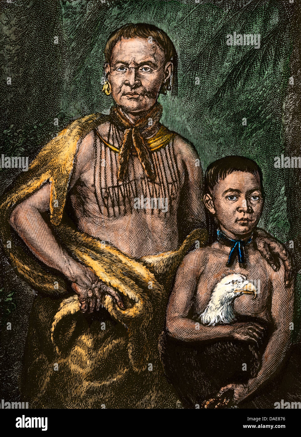 Yamacraw chief Tomo - chichi Mico und seinen Sohn. Hand - farbige Holzschnitt Stockfoto