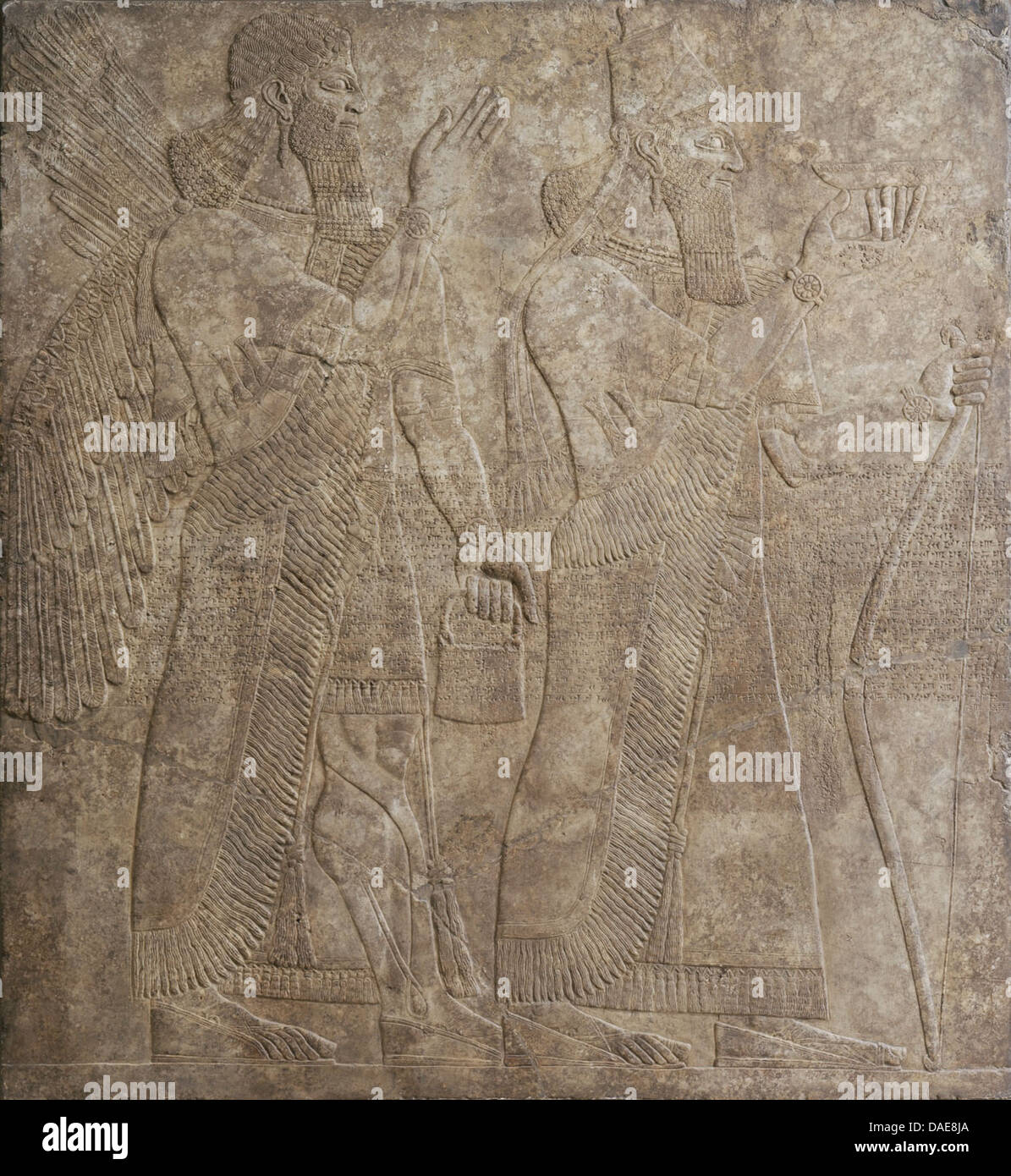 Dieses Kunstwerk zeigt den assyrischen König Aschurnasirpal II. Mit einer geflügelten Gottheit und veranschaulicht die göttliche Beziehung zwischen Herrschern und Göttern im alten Assyrien. Es ist Teil der LACMA-Kollektion. Stockfoto