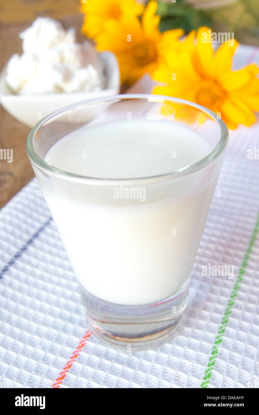 Milch im Glas hautnah und gesunde Milchprodukte mit Blumen auf weißem Tischtuch und rustikalen hölzernen Hintergrund, vertikale Stockfoto