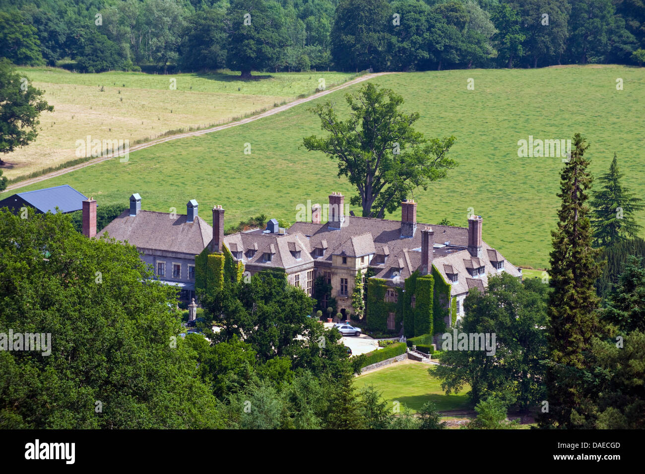 Blick über Llangoed Hall ein Luxus Landhaushotel nahe dem Dorf von Llyswen Powys Mitte Wales UK Stockfoto