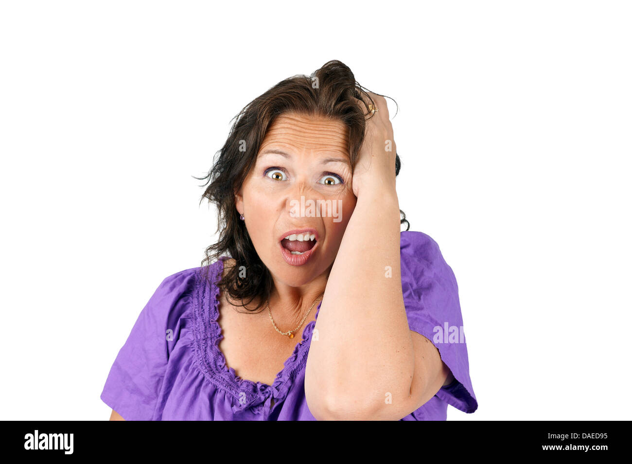Mittelalter Frau lustiges Gesicht machen: Stress, Verzweiflung, Schock oder böse Überraschung. Stockfoto