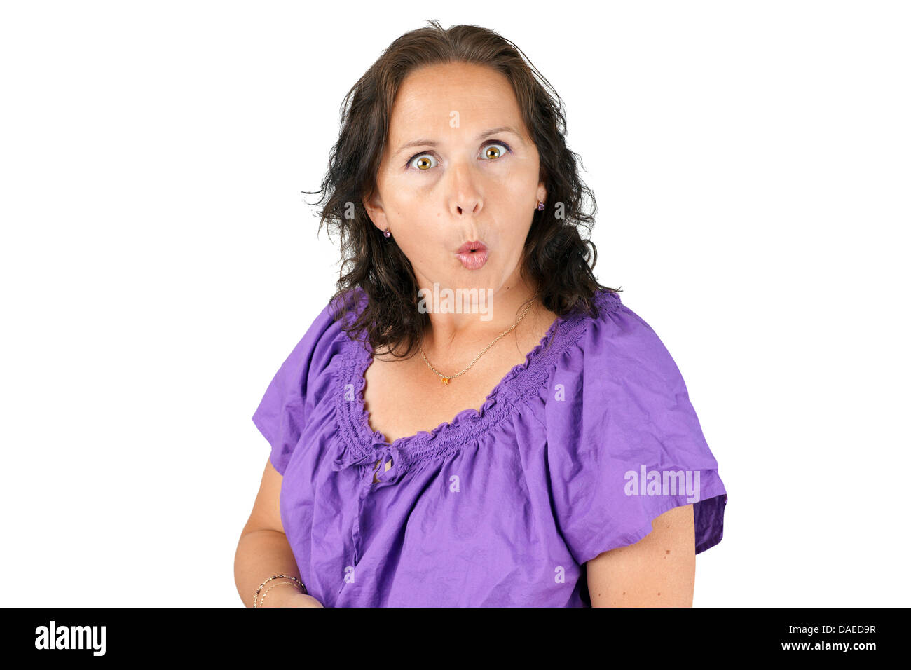 Überrascht, lustig konfrontiert Frau mittleren Alters Stockfoto