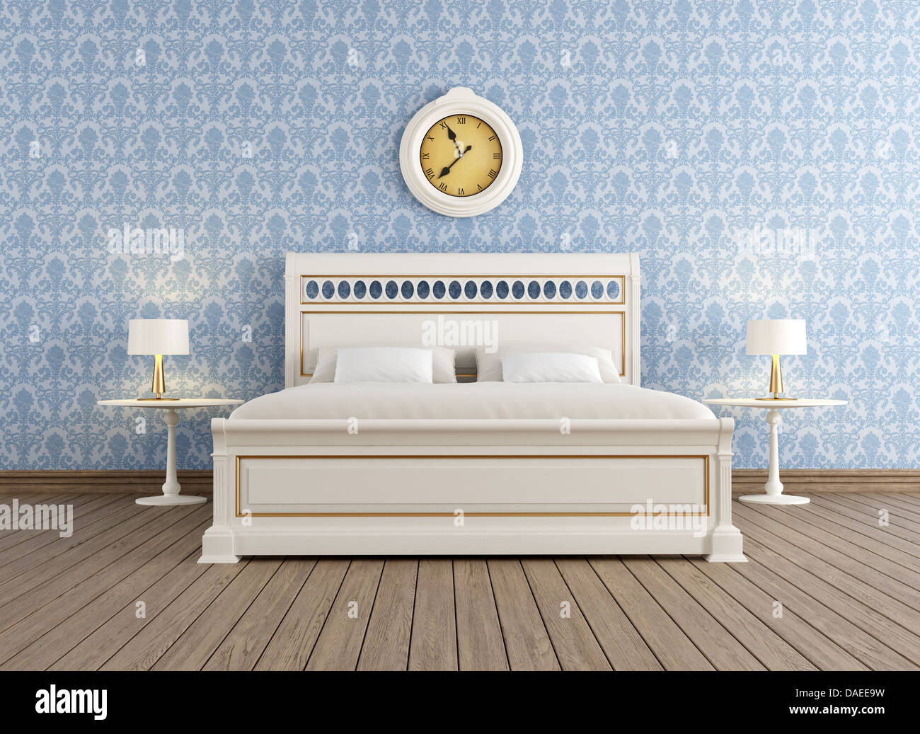 Vintage Schlafzimmer mit weißen elegantes Doppelbett - Rendering Stockfoto