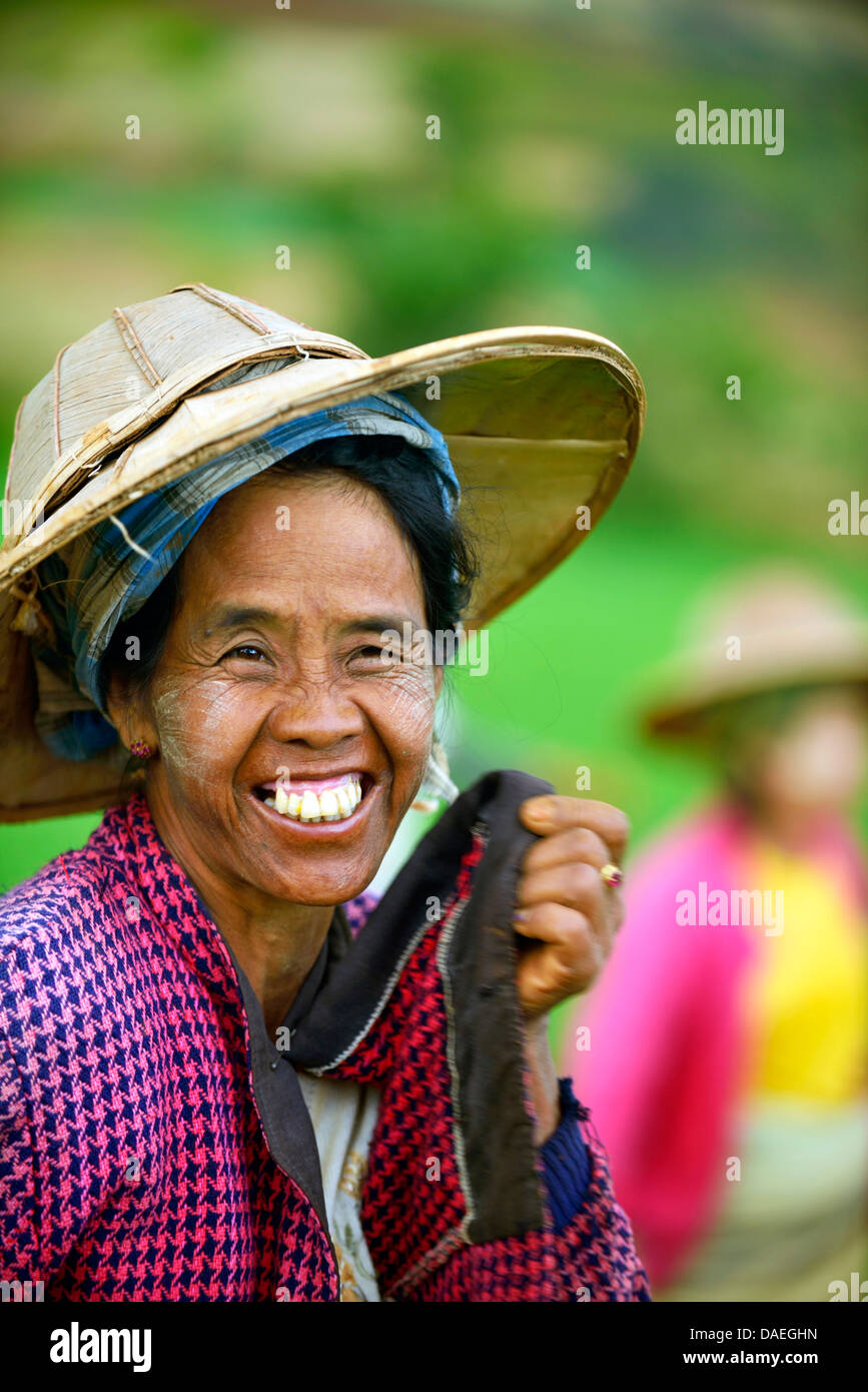 Portrait einer älteren Frau arbeiten auf einem Feld, Burma, Kalaw Stockfoto