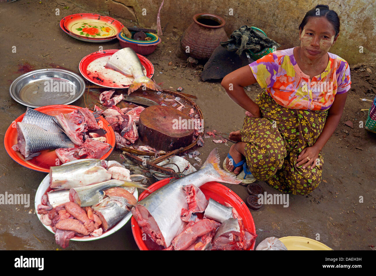 Frau verkaufen Fisch auf dem Markt, Burma, Bagan Stockfoto