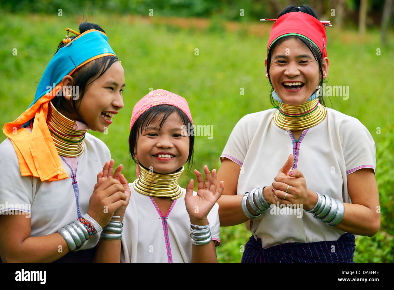 drei junge "Long Neck Karen" Frauen des Stammes Berg der Karen, die den traditionellen Messing Hals tragen Ringe, Burma, Kayin-Staat, Pagaung Stockfoto