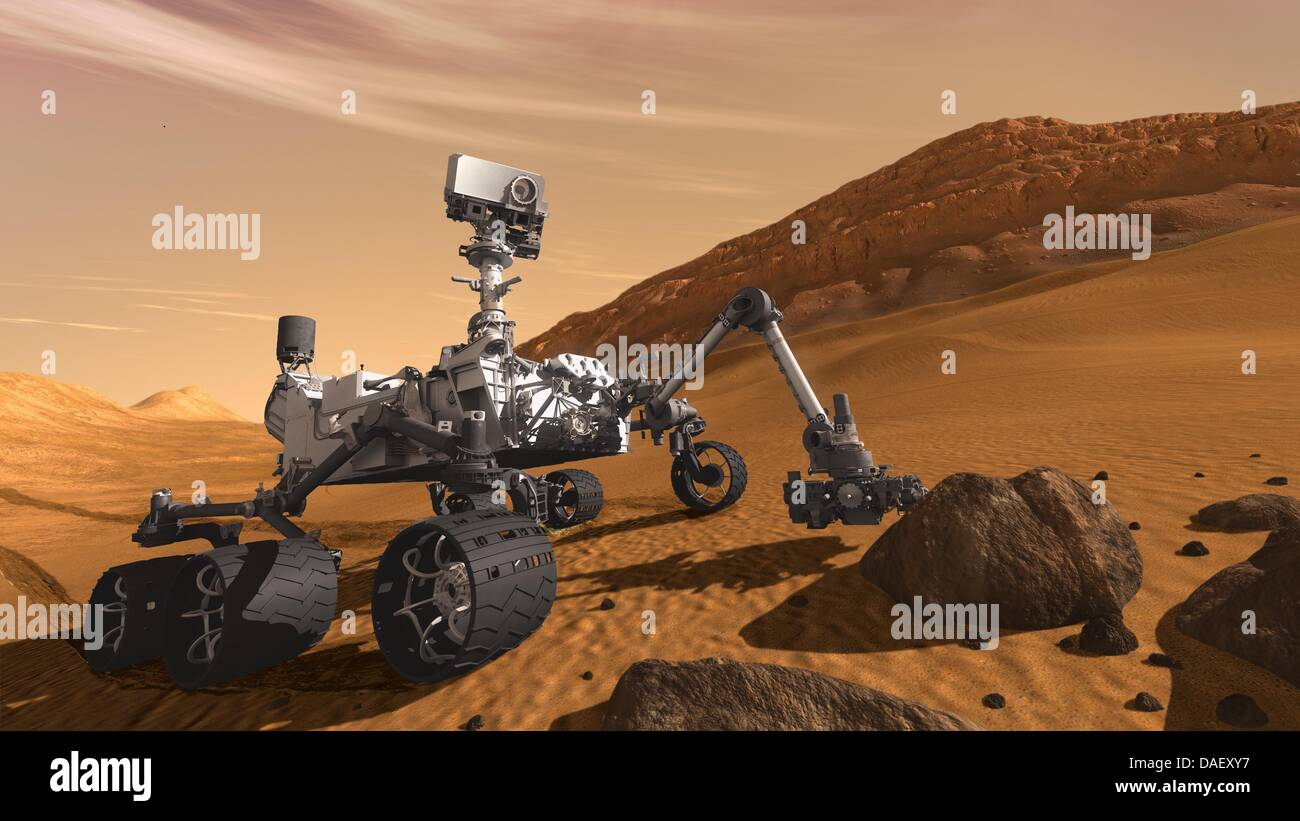 ILLUSTRATION - eine undatierte Illustration zeigt eine künstlerische Darstellung der NASA modernster mars-Rover "Curiosity". Es ist geplant, Start am 25. November 2011 kündigte NASA auf 10 Novemeber 2011. "Neugier" ist etwa so groß wie ein Off-Road-Fahrzeug Ans soll im August 2012 auf dem Mars landen. Es soll nach organischem Material suchen, die die Lebensgrundlage für die Planungssicherheit ist Stockfoto
