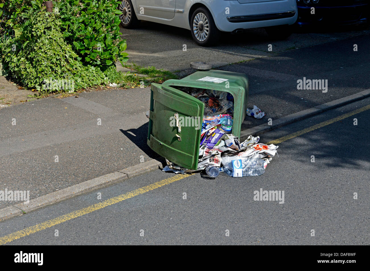 Maidstone, Kent, England. Privaten Haushalte Mülltonne gefallenen über auf der Straße Stockfoto