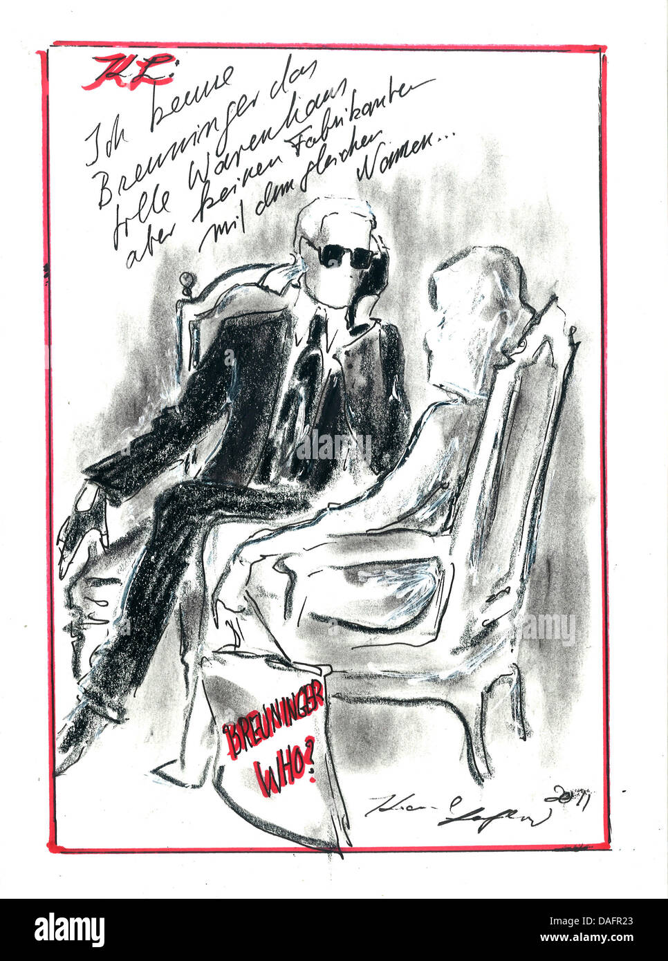 ILLUSTRATION - Zeichnung vom 8. Dezember 2011 zeigt einen sitzenden Karl Lagerfeld im Gespräch mit s sitzt Frau in Stuttgart, Deutschland. Karl Lagerfeld machte diese Zeichnung für seinen Fauxpas zu entschuldigen, während der ZDF-Show "Wetten, dass...?". Seine neue Modelinie auf dem Stuttgarter Modehaus Breuninger befragt, antwortete er: "Was tun sie? I don nicht kennen den Namen Breunin Stockfoto