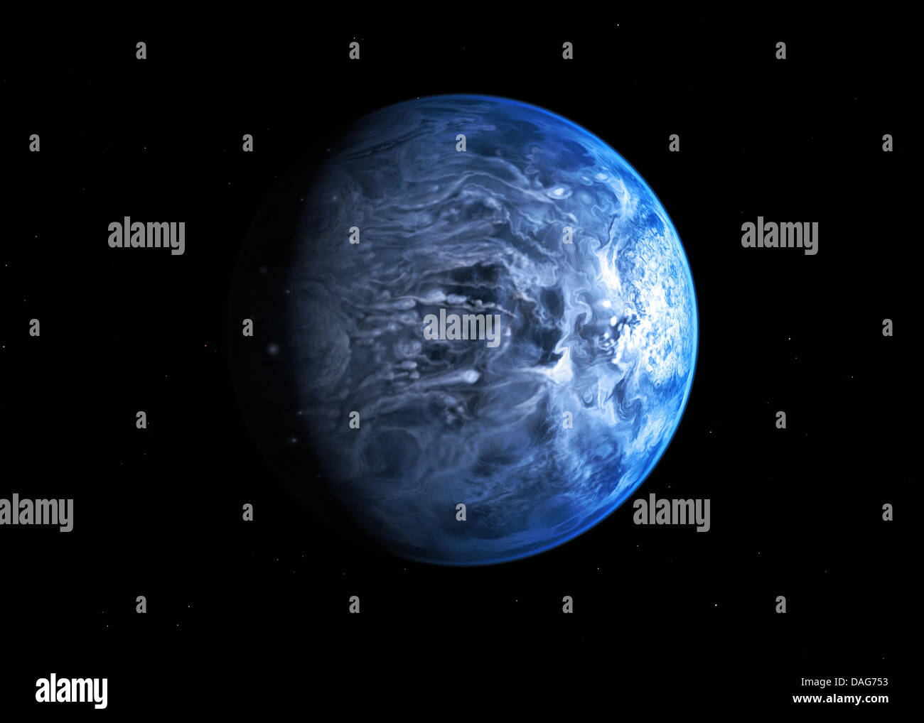 NASA-Illustration des riesigen kobaltblauen Gas Planeten HD 189733b befindet sich 63 Lichtjahre von der Erde 12. Juli 2013. Die Atmosphäre des Planeten ist mit einer Temperatur von über 1000 Grad Celsius glühend, und es regnet Glas, seitlich, im heulenden Winde 7000 Kilometer pro Stunde. Stockfoto
