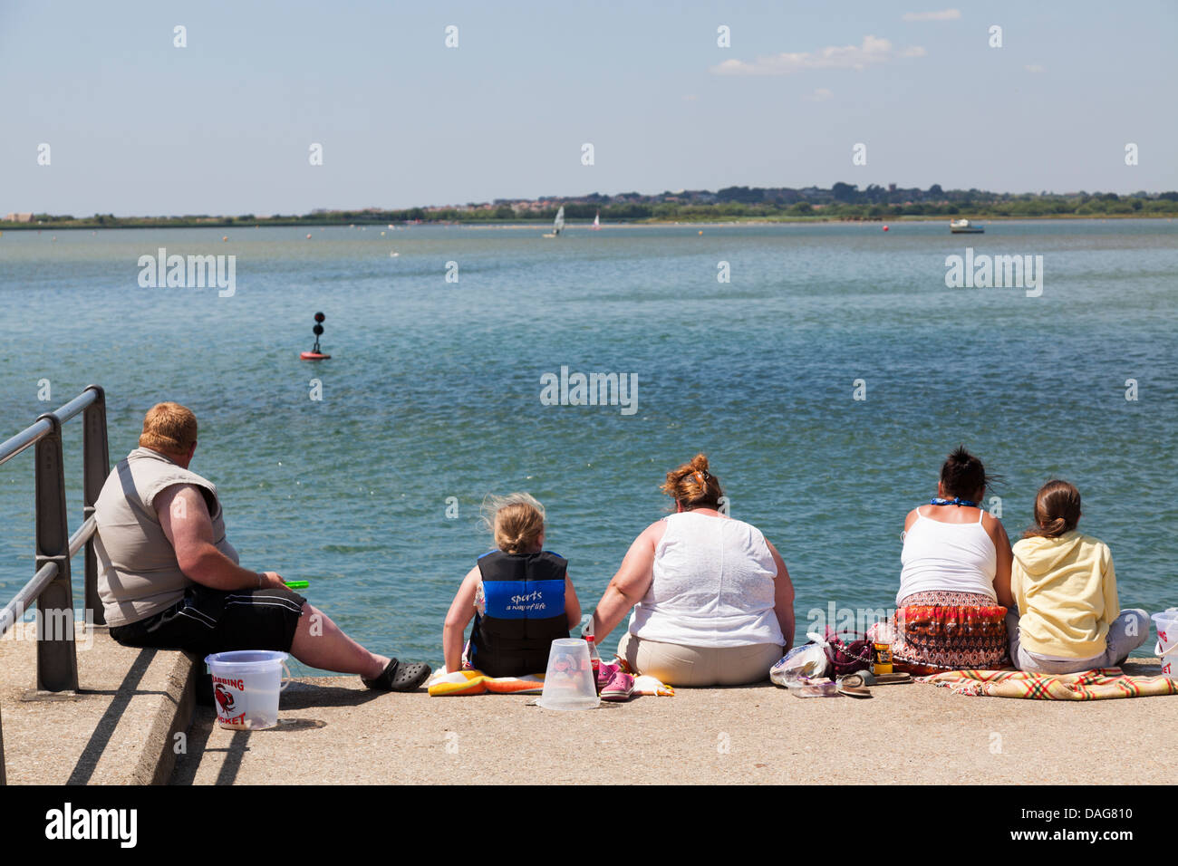 Familie Gruppe von großen Leute sitzen am Deich auf dem Kai am Mudeford Verdrehungen. Stockfoto