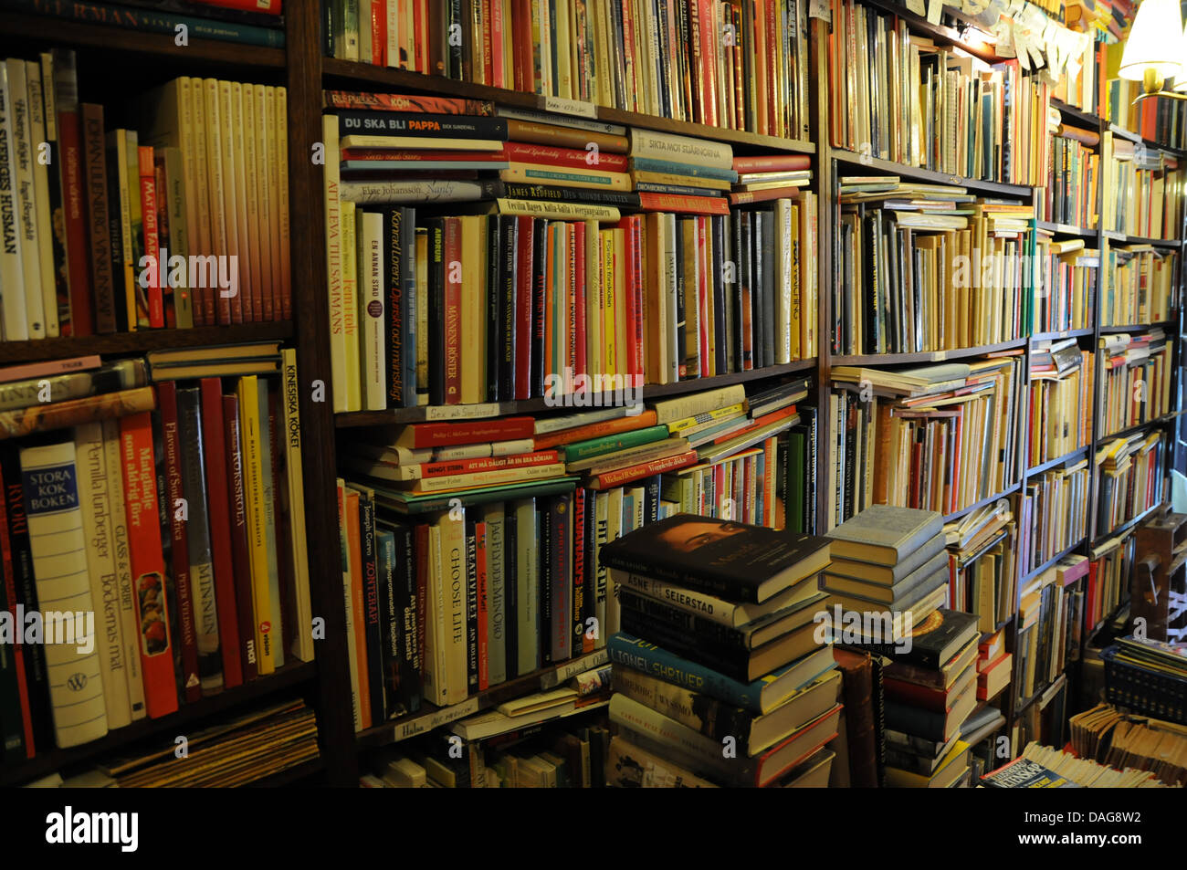 Regale von alten und gebrauchten Büchern im Weltreport Buchhandlung und Memorabilia Shop in Göteborg, Schweden Stockfoto