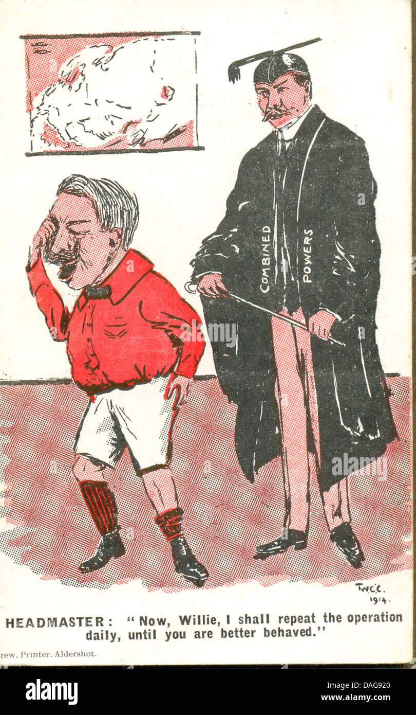 Ersten Weltkrieg Comic-Postkarte mit Großbritannien als Schulleiter über zu Zuckerrohr Kaiser Wilhelm Stockfoto