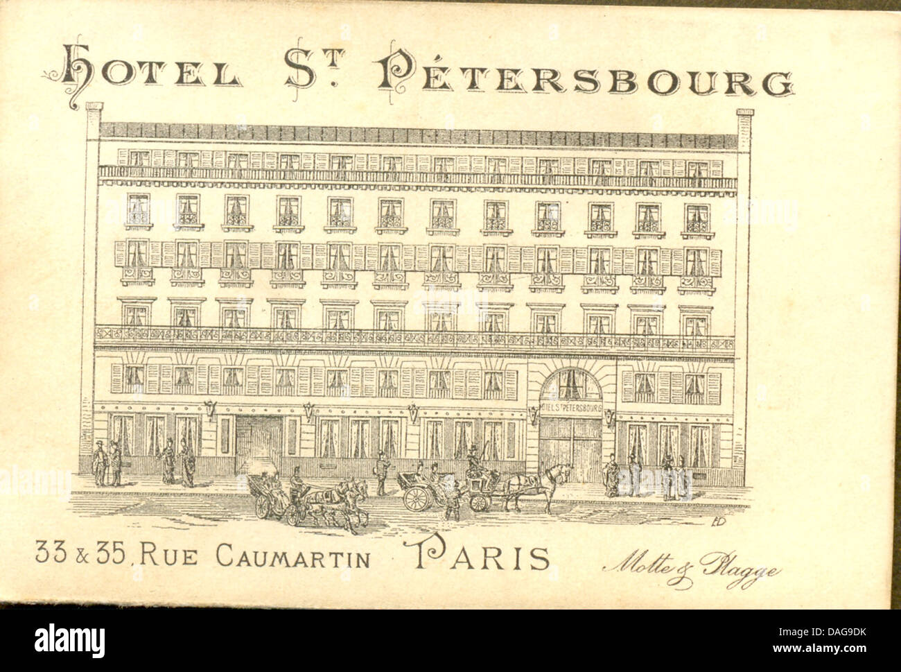 Handel-Karte und Tarif für Hotel St Petersbourg, Paris Stockfoto
