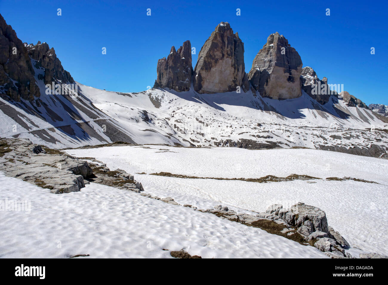 Drei Zinnen-Gruppe, Italien, Südtirol, Dolomiten Stockfoto